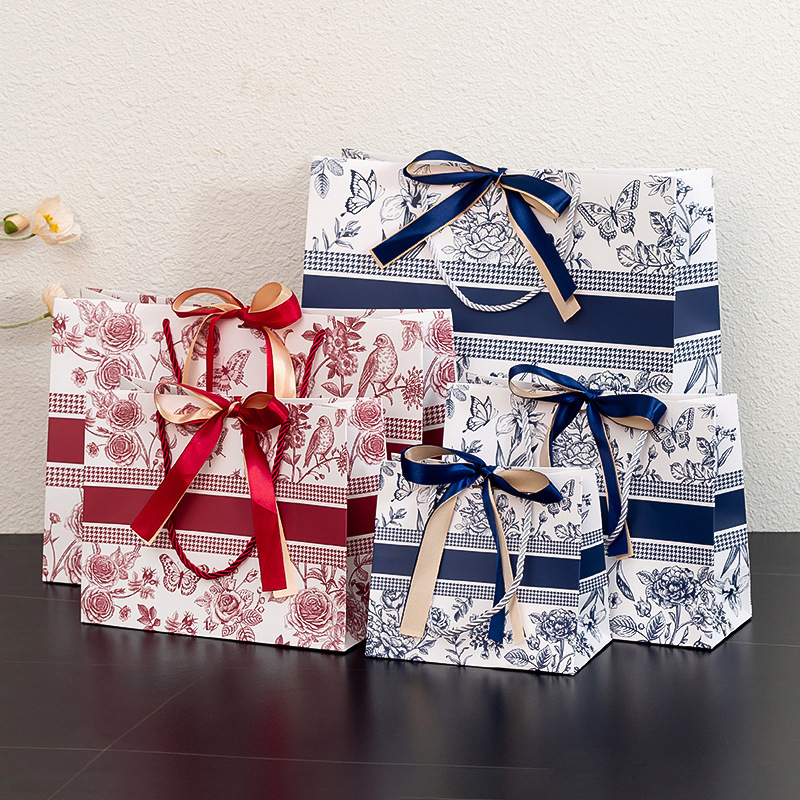Ribbon Luxury Gift Paper Bag Vintage Flower Shopping Bag