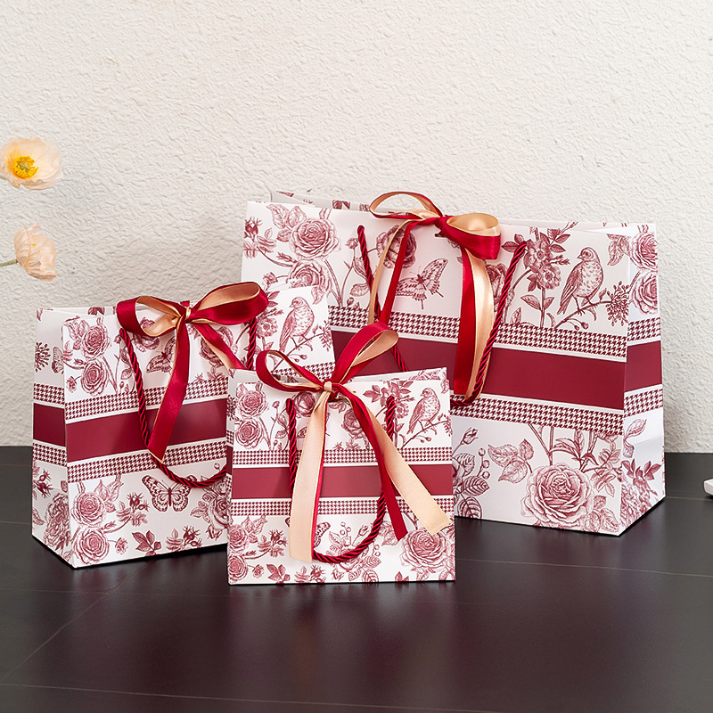 Ribbon Luxury Gift Paper Bag Vintage Flower Shopping Bag