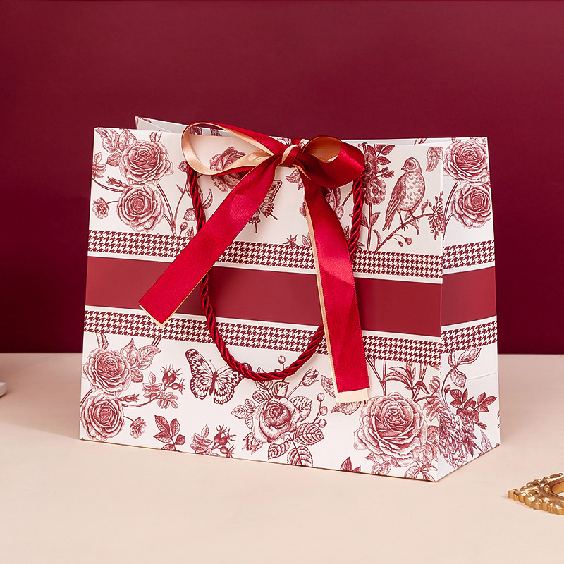 Ribbon Luxury Gift Paper Bag Vintage Flower Shopping Bag