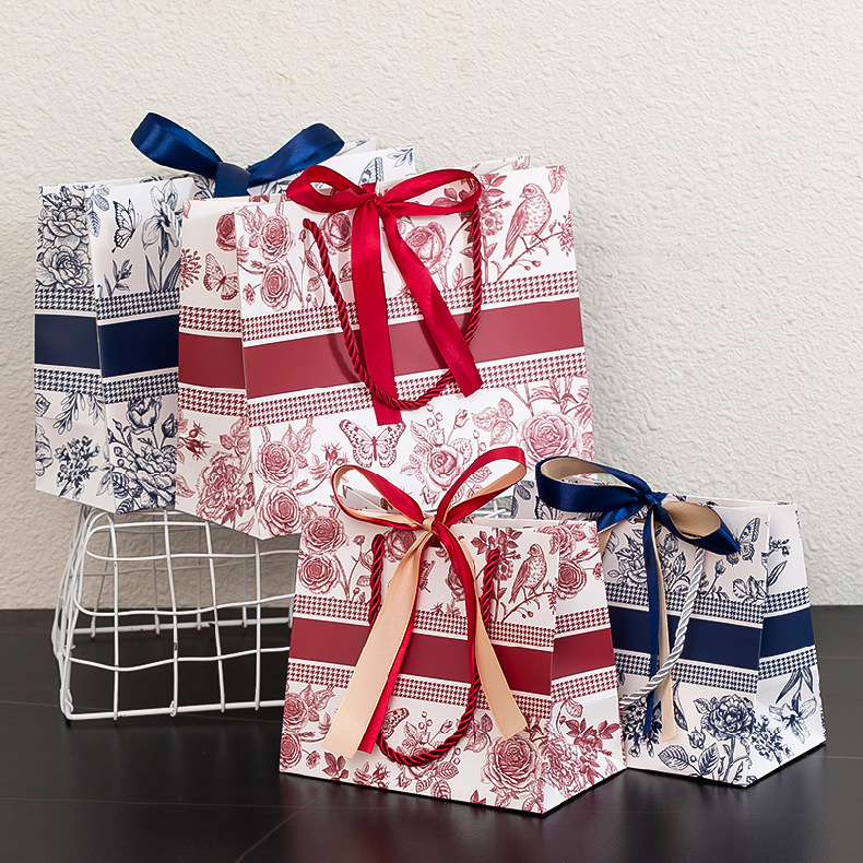 Ribbon Luxury Gift Paper Bag Vintage Flower Shopping Bag