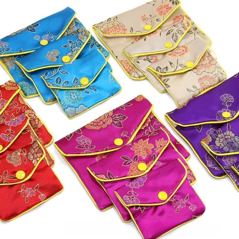 Flower-Design Embroidered Square Chinese Style Satin Jewelry Pouch Brocade Tassel Double Zipper Coin Gift Bags