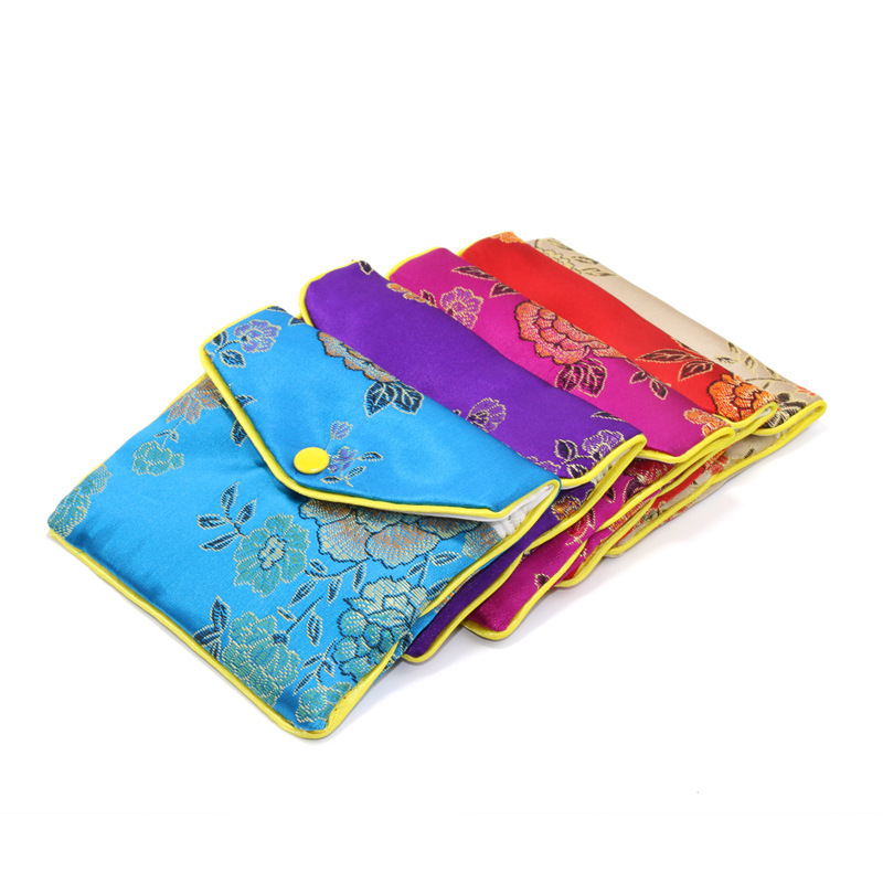 Flower-Design Embroidered Square Chinese Style Satin Jewelry Pouch Brocade Tassel Double Zipper Coin Gift Bags