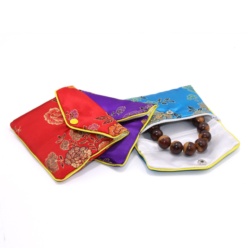 Flower-Design Embroidered Square Chinese Style Satin Jewelry Pouch Brocade Tassel Double Zipper Coin Gift Bags