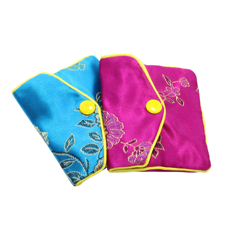 Flower-Design Embroidered Square Chinese Style Satin Jewelry Pouch Brocade Tassel Double Zipper Coin Gift Bags