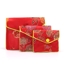 Flower-Design Embroidered Square Chinese Style Satin Jewelry Pouch Brocade Tassel Double Zipper Coin Gift Bags
