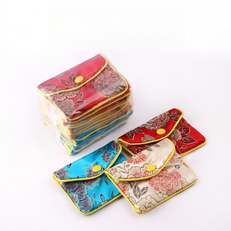 Flower-Design Embroidered Square Chinese Style Satin Jewelry Pouch Brocade Tassel Double Zipper Coin Gift Bags