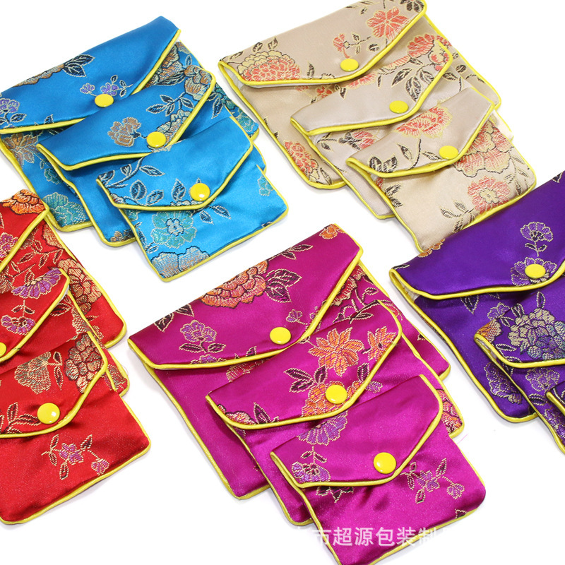 Flower-Design Embroidered Square Chinese Style Satin Jewelry Pouch Brocade Tassel Double Zipper Coin Gift Bags
