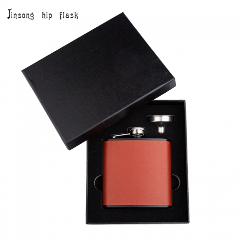 Shipping Free 6OZ  Red brown leather hip flask with funnel set ,Laserable Leatherette Flask