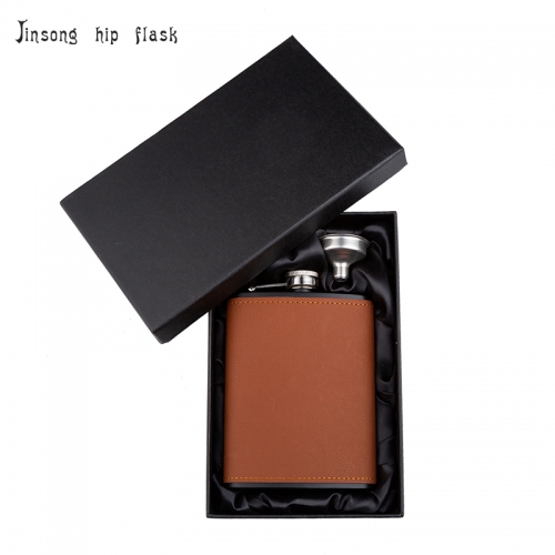 Shipping Free 8OZ brown leather hip flask with funnel set ,Laserable Leatherette Flask