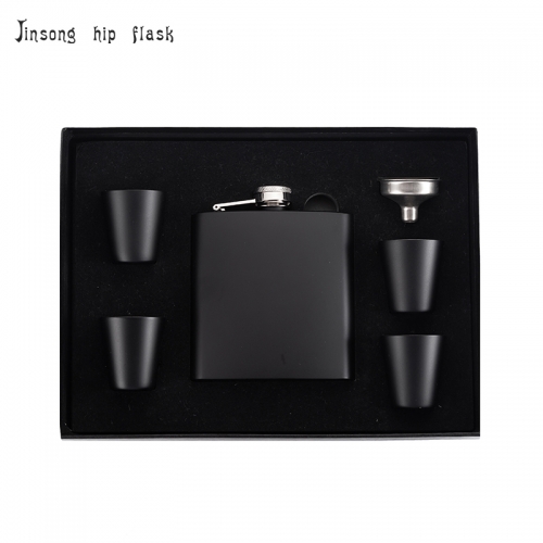 shipping free 6oz Powder coated matt black hip flask with 4 shot glass funnel set