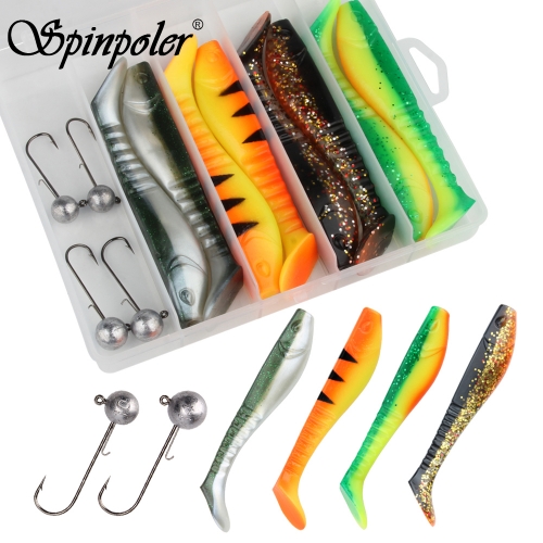 Spinpoler 12pc fishing lure kit with box Paddle tail bait 5 soft plastic swimbait Wobbler 10g14g jigging head sharp hook
