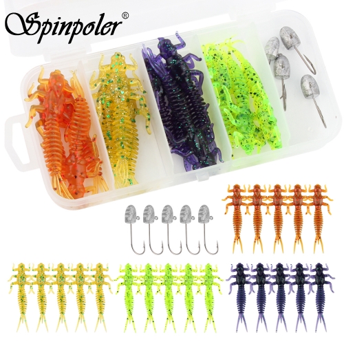 Spinpoler Soft Bait con Jig Head Set La larva de la libélula 4g Fishing Bait 3g Jig Lead Head Hook pesca Cebo artificial