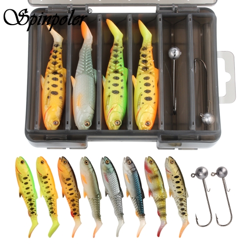 Isca de pesca macia Spinpoler 8pcs cores misturadas com kit de gancho de cabeça de gabarito de chumbo Isca artificial Equipamento de pesca Swimbait Ba