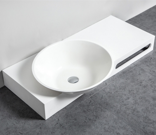 Wall hung counter wash basin with towel shelf solid surface acrylic resin stone single bowl bathroom sink