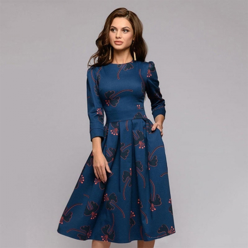 Autumn women floral vintage dress midi dress elegant casual dresses