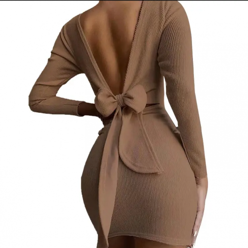 New Arrival Sexy Backless Long Sleeve Women Dress Solid Women's Mini Dress with Bowknot