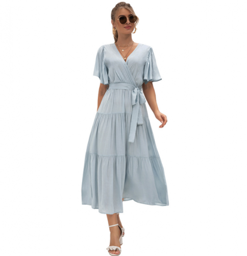 Fashion Women V Neck Short Sleeve Long Dress Plus Size Summer Women Casual Dress