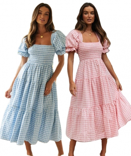 Women's Temperament Square Collar Bubble Sleeve Plaid Waist Cake Summer Women Casual Dress