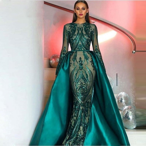 Fishtail Long Sleeve Dark Green Evening Dress Light Lace Modest Wedding Dress