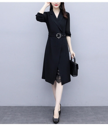 Autumn/Spring Plus Size Slim Fit Blazer Dress Solid Elegant Belt V-neck Women Career Dress