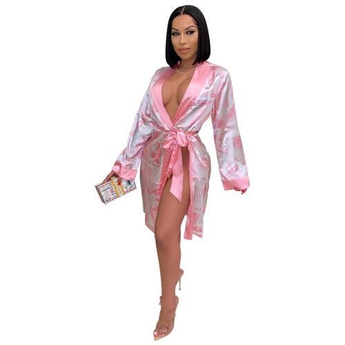 Female Longue Fashion Dollar Print Cardigan Bathrobe Bath Robe Home Pajamas Satin Money Robe