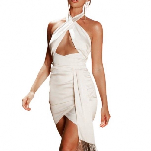 Elegant Girlish Halterneck Hollow Out Dress Off-Shoulder Backless Solid Color High Waist Package Hip Dress