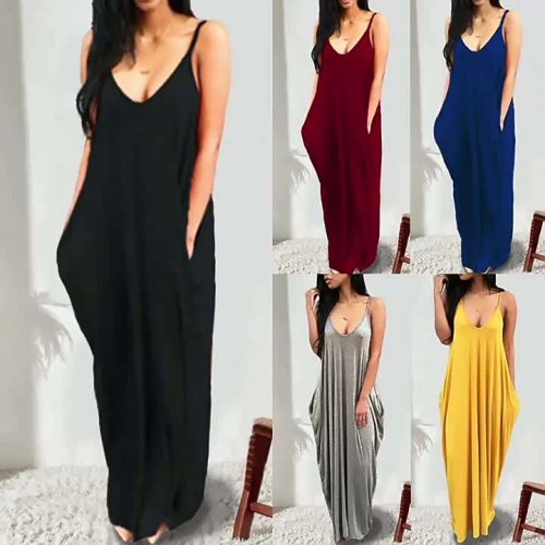 Best Price Summer Ladies Solid Color Pocket Sleeveless Long Maxi Casual Dresses for women