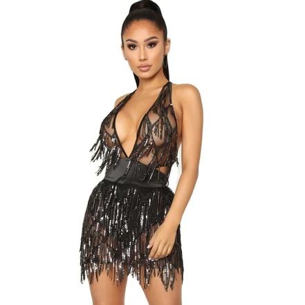 Women's Glitter Sexy Deep V Neck Sequin Fringe Halter Bodycon Mini Nightclub Party Dress Disco Rave Euphoria Outfits