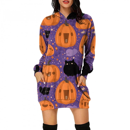 Women Hoodie & Sweatshirt Dress Halloween Pumpkin Printed Long Sleeve Casual Women Dress