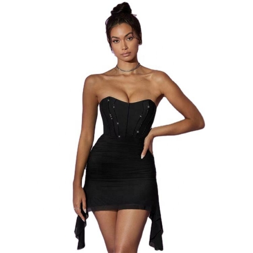 Womens Sexy Sequins Strapless Embellished Corset Mini Party Dress Ruched Sleeveless Tassel Bodycon Mini Dress Night Club Party