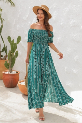 Women's Summer Casual Dress Off Shoulder Long Dress With Plant Floral Print A Line Slit Dress Square Neck Short Sleeves