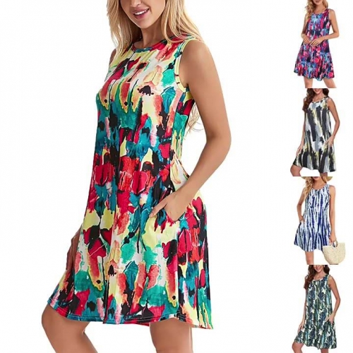 Summer Dresses for Women Beach Floral Tshirt Sundress Sleeveless Pockets Casual Loose Tank Dress