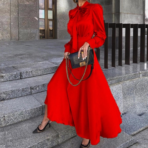 Fashion Women Long Sleeve Midi Length Elegant Satin Women Casual Dress