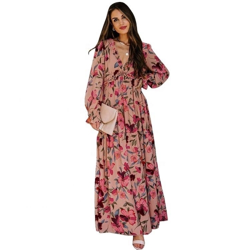 Womens Casual Floral Deep V Neck Long Sleeve Long Evening Dress Cocktail Party Maxi Wedding Dresses