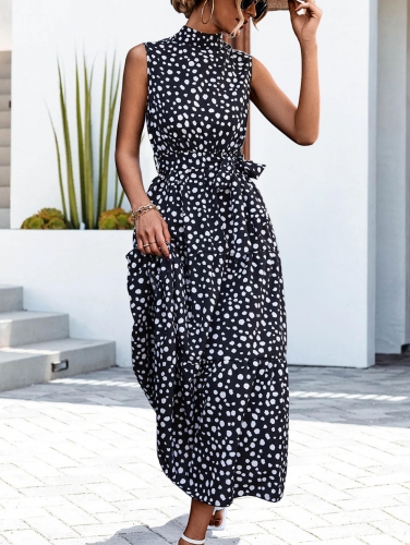 Summer Women Belt Tie Sleeveless Dots Print Dress Women Casual Dress
