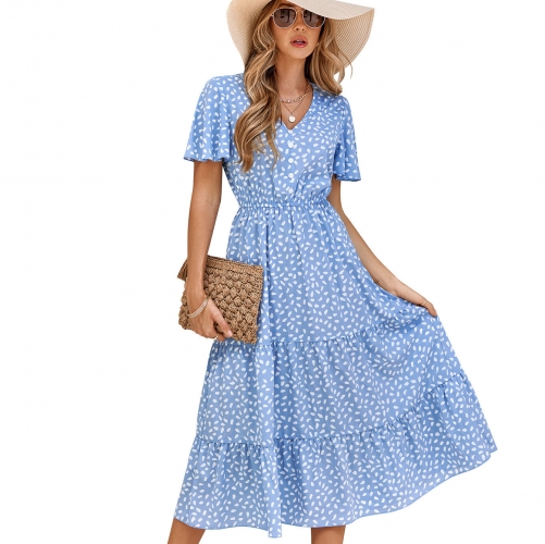 New Style Casual Women's Cloth Hot Sell Summer Sweet Lady Long Dress V-Neck Short Ruffle Sleeve Dress Printed Loose Fit