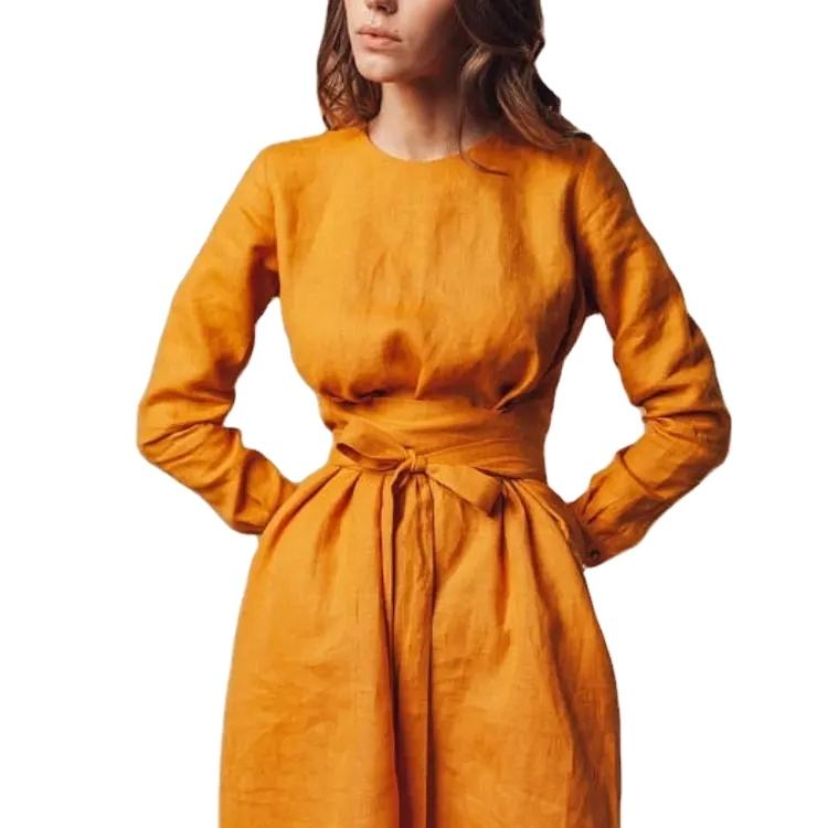 A wraparound mustard-colored casual mini dress in the modest style of a bridesmaid made of linen