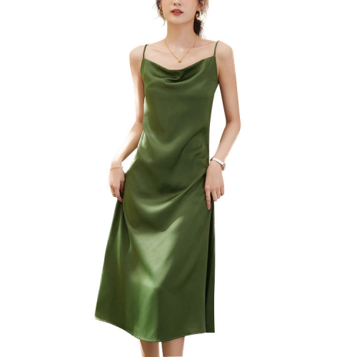 Summer simple slim satin French swing neck suspender skirt women's custom casual dress