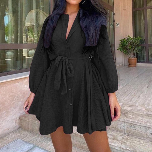 Fashion Women Dress Solid Color Long Sleeve Cotton and Linen Casual Women Dress