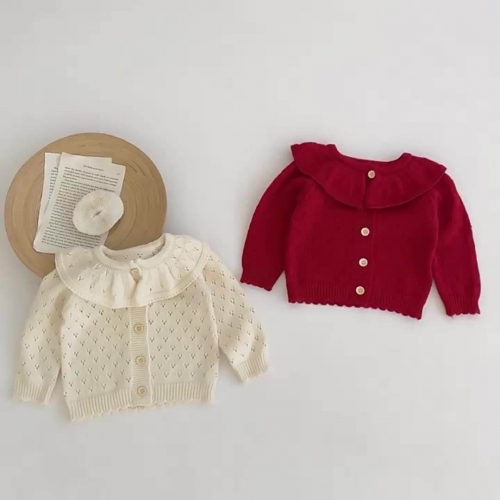Baby girl cotton knitted cardigan lotus collar hollowed out long-sleeved sweater coat