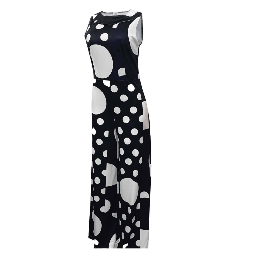Fashion Sleeveless O-neck High Waist Dots Printed Wide Leg Women's jumpsuits