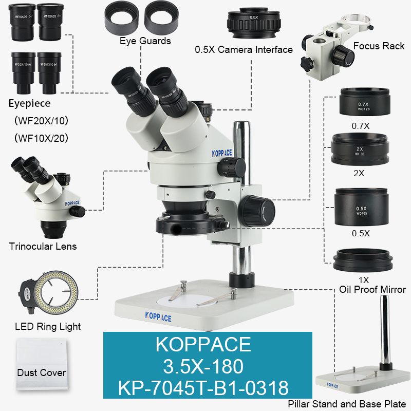 KOPPACE 3.5X-180X Trinocular Stereo Microscope Continuous Zoom