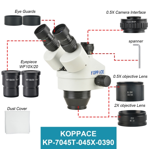 KOPPACE 3.5X-90X Triocular Stereo Microscope Lens Contains 0.5X and 2X Auxiliary Objectives