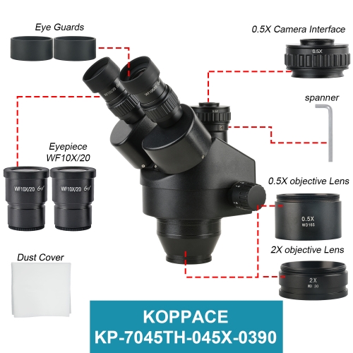 KOPPACE 3.5X-90X Black Triocular Stereo Microscope Lens Contains 0.5X and 2X Auxiliary Objectives