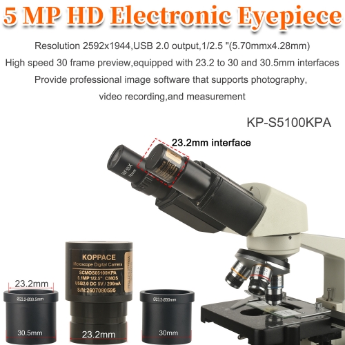 KOPPCE 5 Million Pixel USB 2.0 Microscope Camera 23.2mm to 30mm/30.5mm Microscope Electronic Eyepiece