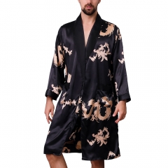 Men's Satin Kimono Robe Silky Nightgown Long Sleeves Spa Luxury Dargon Loungewear