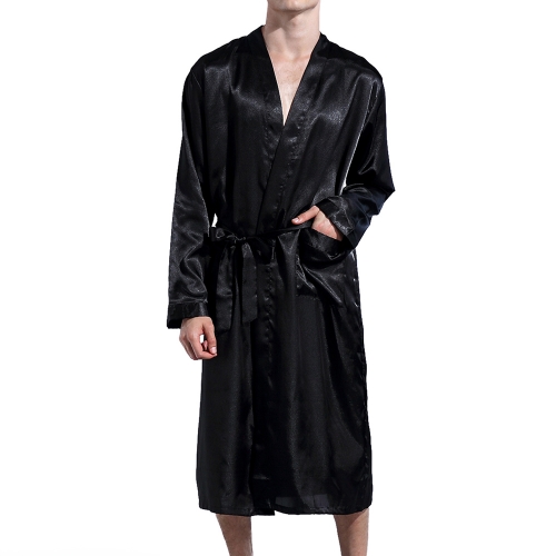 Men' Satin Kimono Robe Silk Classic Long Bathrobe Pockets Lighweight Loungewear