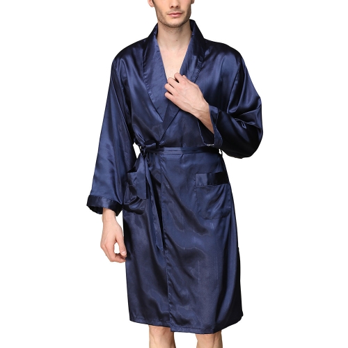 Men's Satin Kimono Robe Long Sleeves Shorts Loungewear Spa Pockets Luxury Bathrobe
