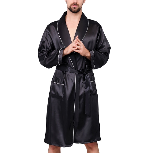 Men's Satin Pajama Set Silk Robe Boxer Underwear Long Sleeves Pockets Loungewear Kit