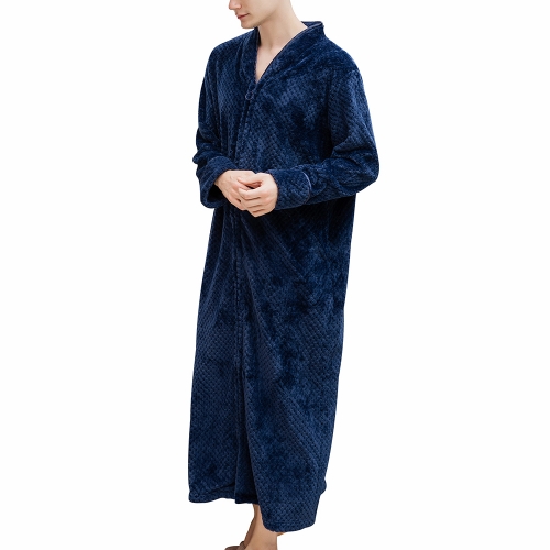 Men's Fleece Robe Plush Zip Up Front Pocket Long Bathrobe Nightgown Warm Housecoat